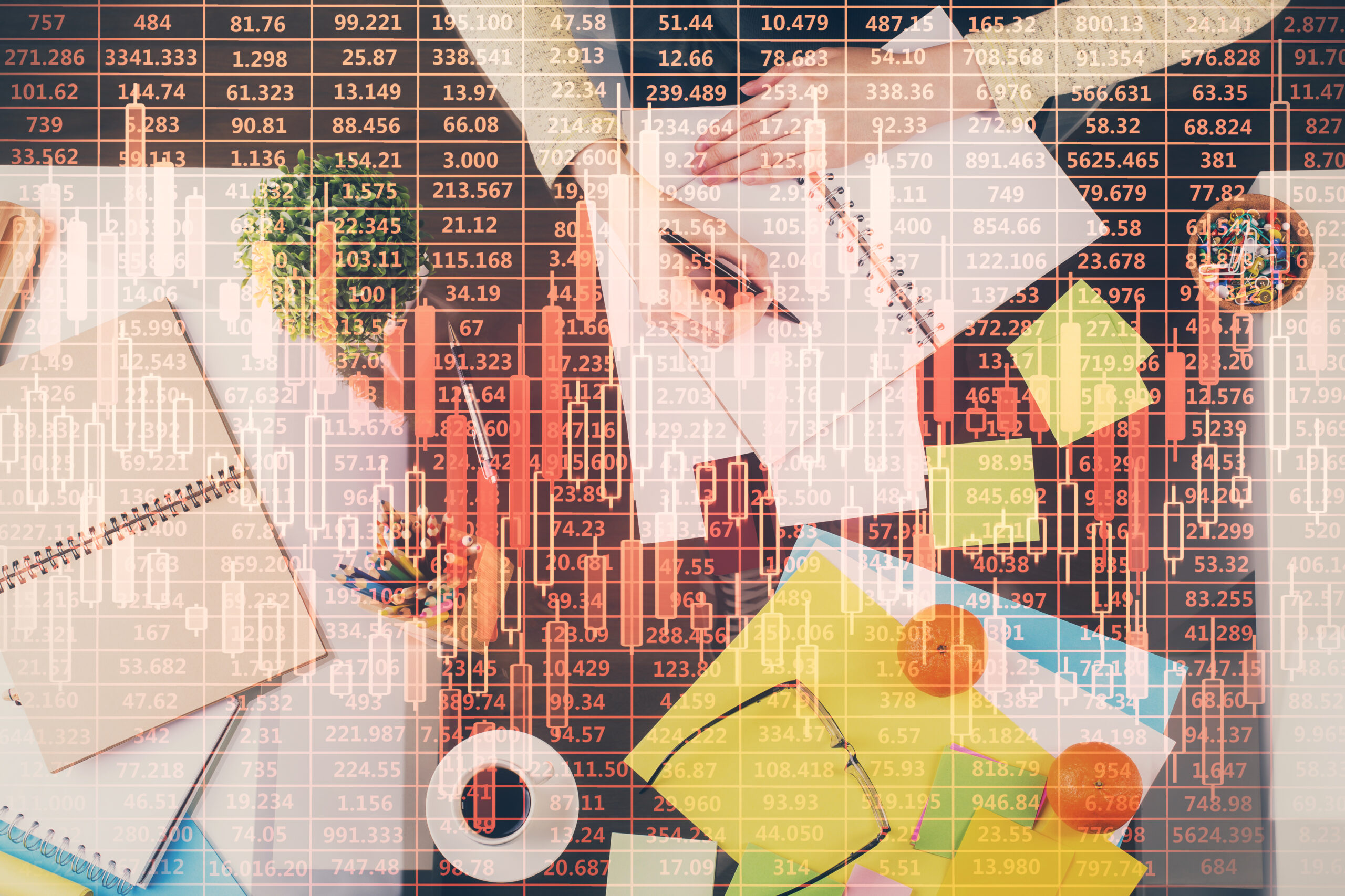 Hand taking notes in notepad. Forex chart holograms in front. Concept of research. Double exposure